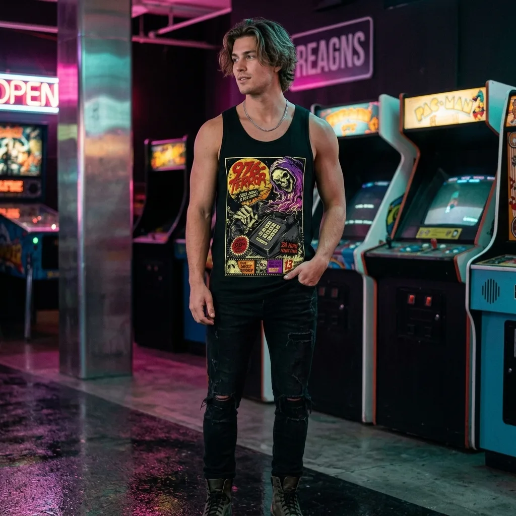 976-TERROR Tank Top worn by model front streetwear fit | Terrifier Merch