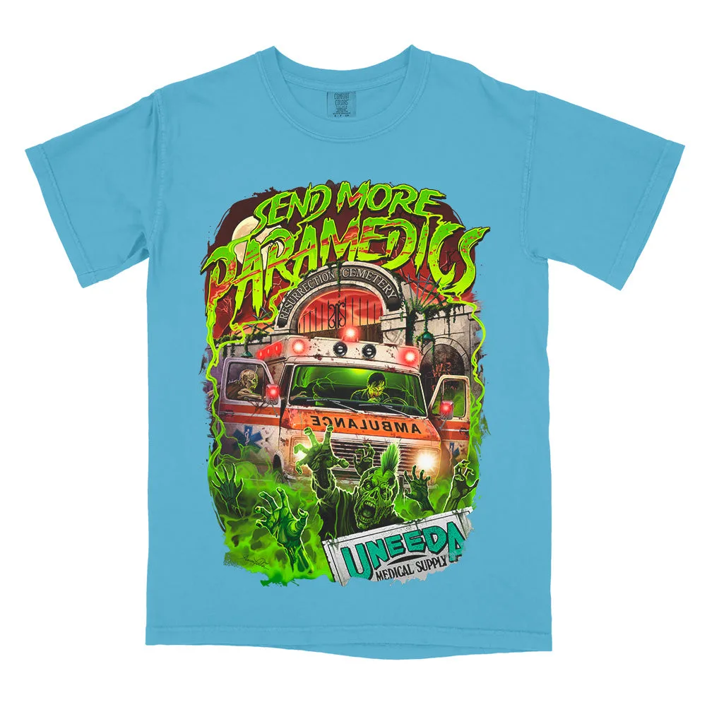 Return Of The Living Dead Send More Paramedics Blue T-Shirt back print and graphic details | Terrifier Merch