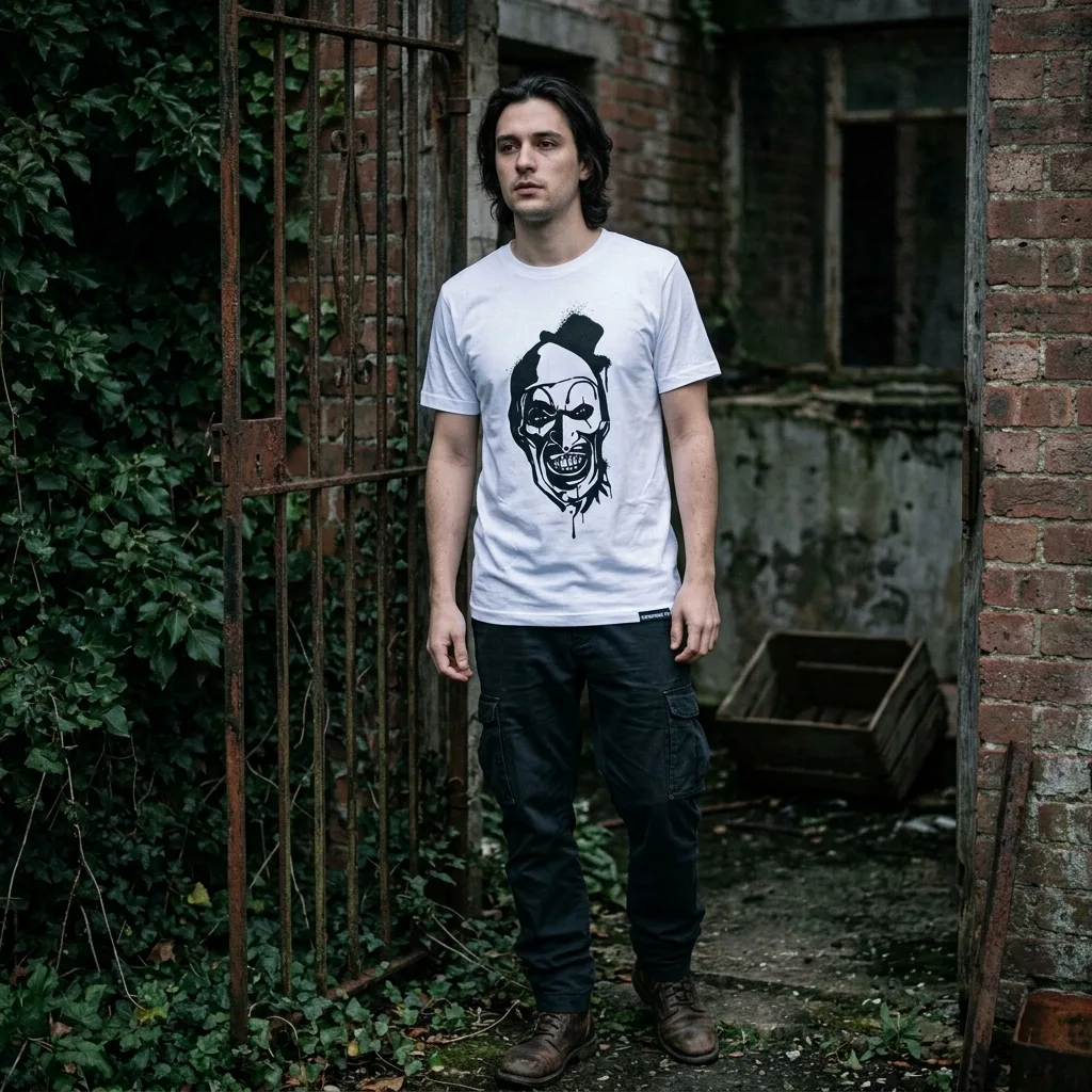 Art the Clown T shirt worn by model front streetwear fit | Terrifier Merch