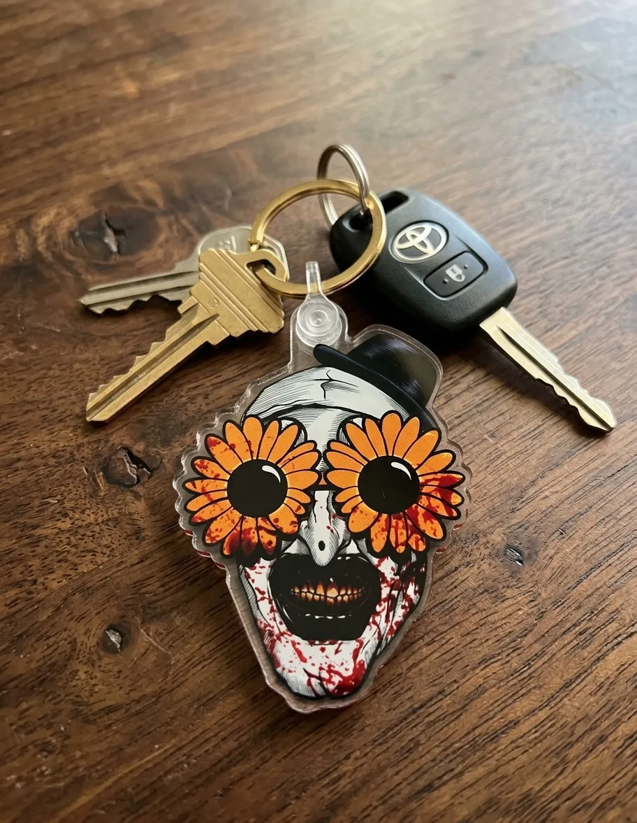 Art the Clown sunglasses keychain attached to a set of car keys resting on a wooden table, showing real-world scale at Terrifier Merch.