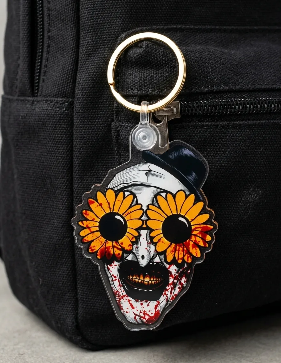 Art the Clown sunglasses keychain hooked onto the zipper of a black canvas backpack at Terrifier Merch.