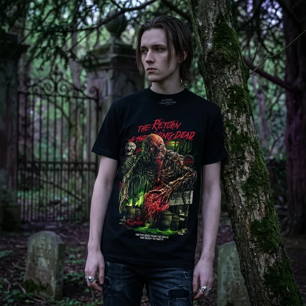 Return Of The Living Dead Brain Damage T-Shirt worn by model front streetwear fit | Terrifier Merch