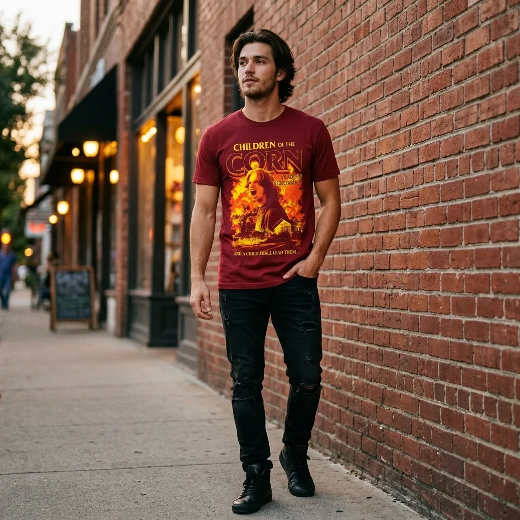 Children Of The Corn An Adult Nightmare T-Shirt worn by model front streetwear fit | Terrifier Merch