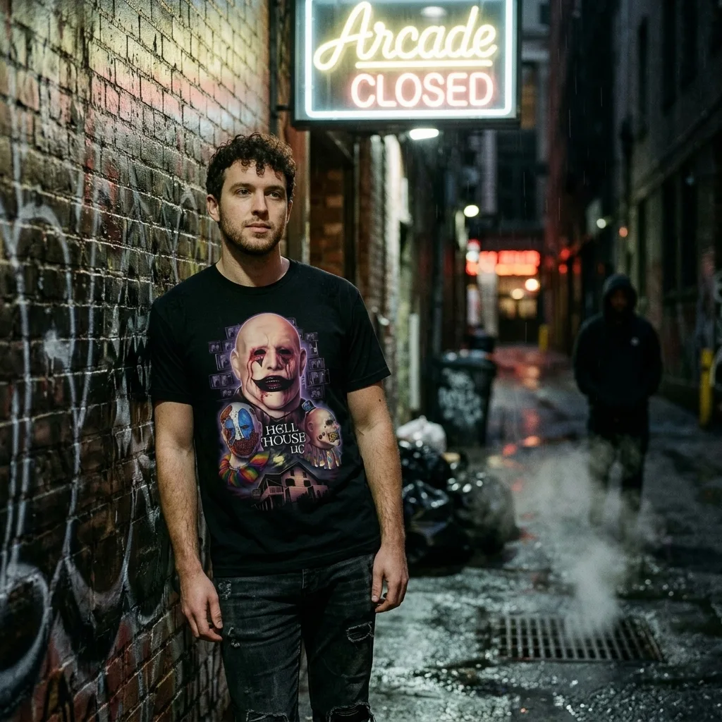 Hell House LLC Clowns Of Abaddon T-Shirt horror lifestyle apparel shot | Terrifier Merch