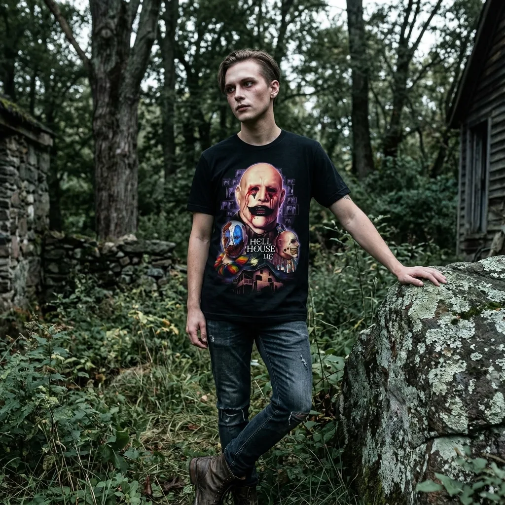 Hell House LLC Clowns Of Abaddon T-Shirt worn by model front streetwear fit | Terrifier Merch