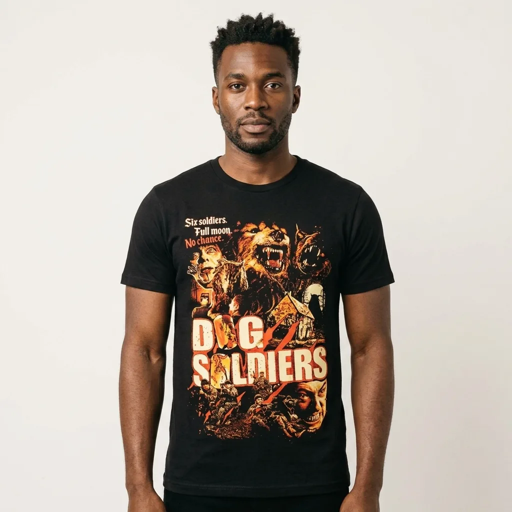 Dog Soldiers Full Moon T-Shirt worn by model front streetwear fit | Terrifier Merch