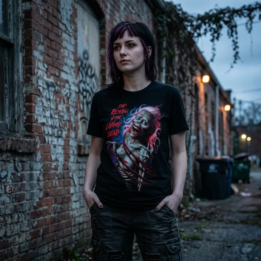 Return Of The Living Dead Feel Myself Rotting T-Shirt worn by model front streetwear fit | Terrifier Merch