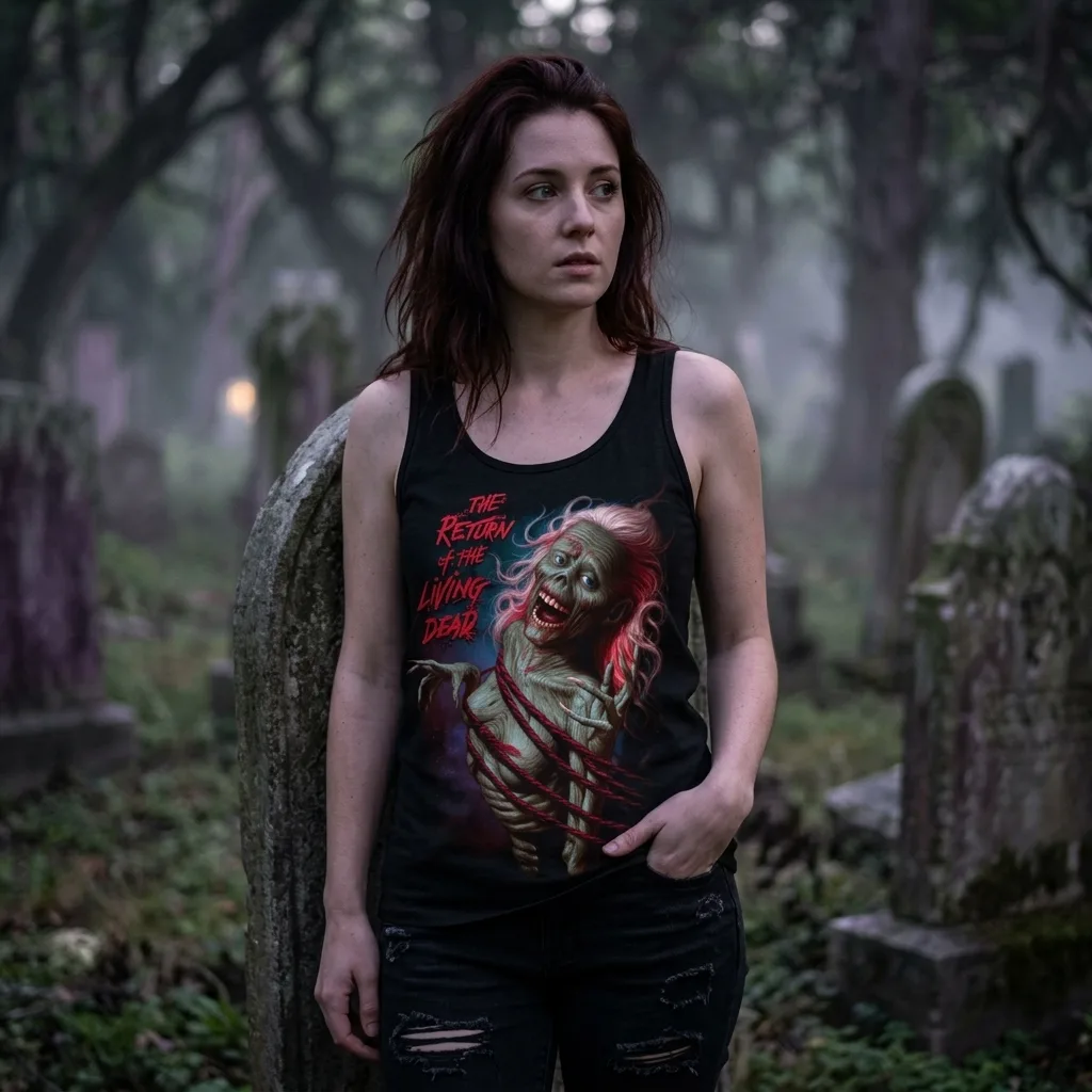 Return Of The Living Dead Feel Myself Rotting Tank Top worn by model front streetwear fit | Terrifier Merch