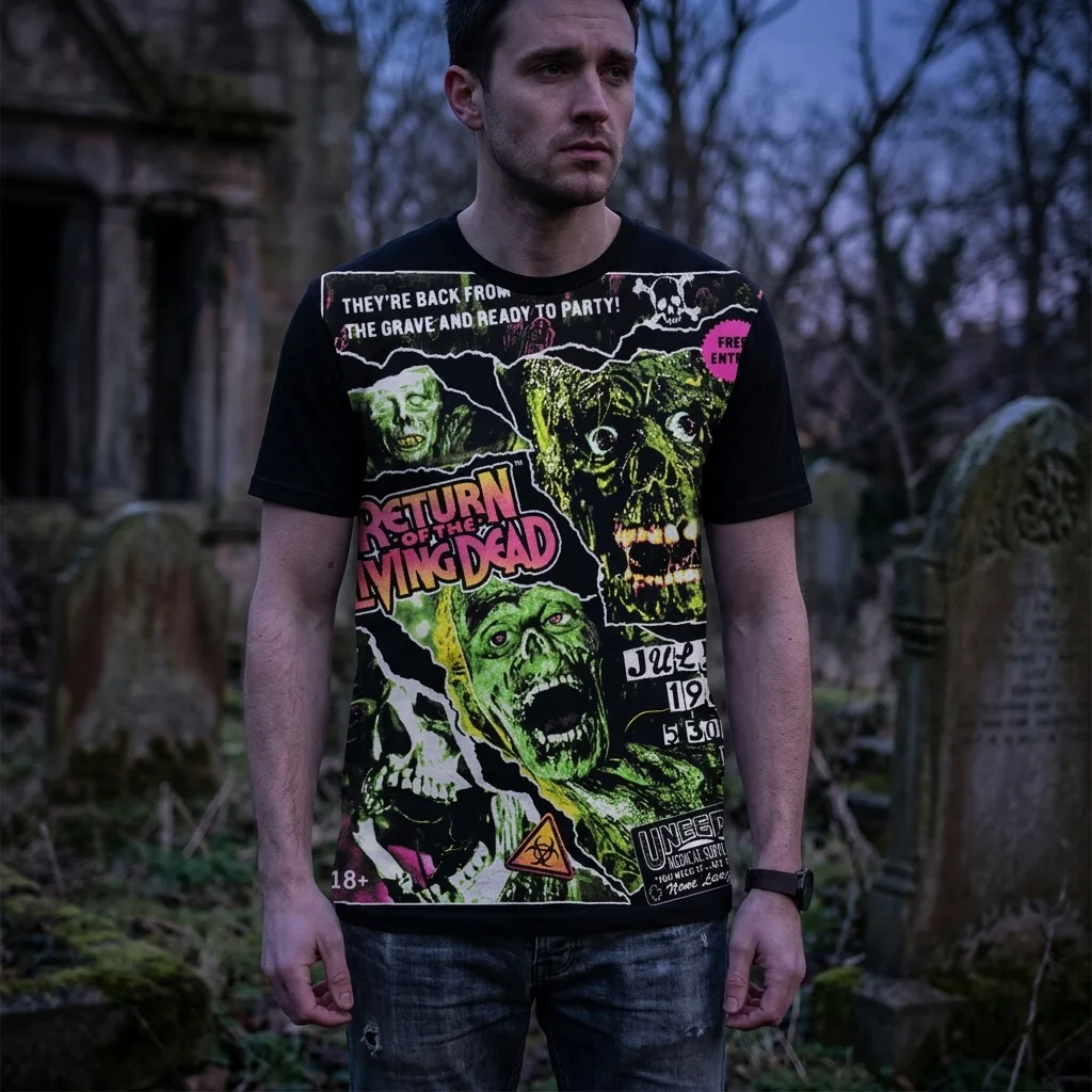 Return Of The Living Dead Grave Rave T-Shirt worn by model front streetwear fit | Terrifier Merch