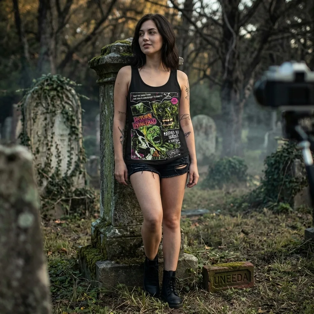 Return Of The Living Grave Rave Tank Top worn by model front streetwear fit | Terrifier Merch
