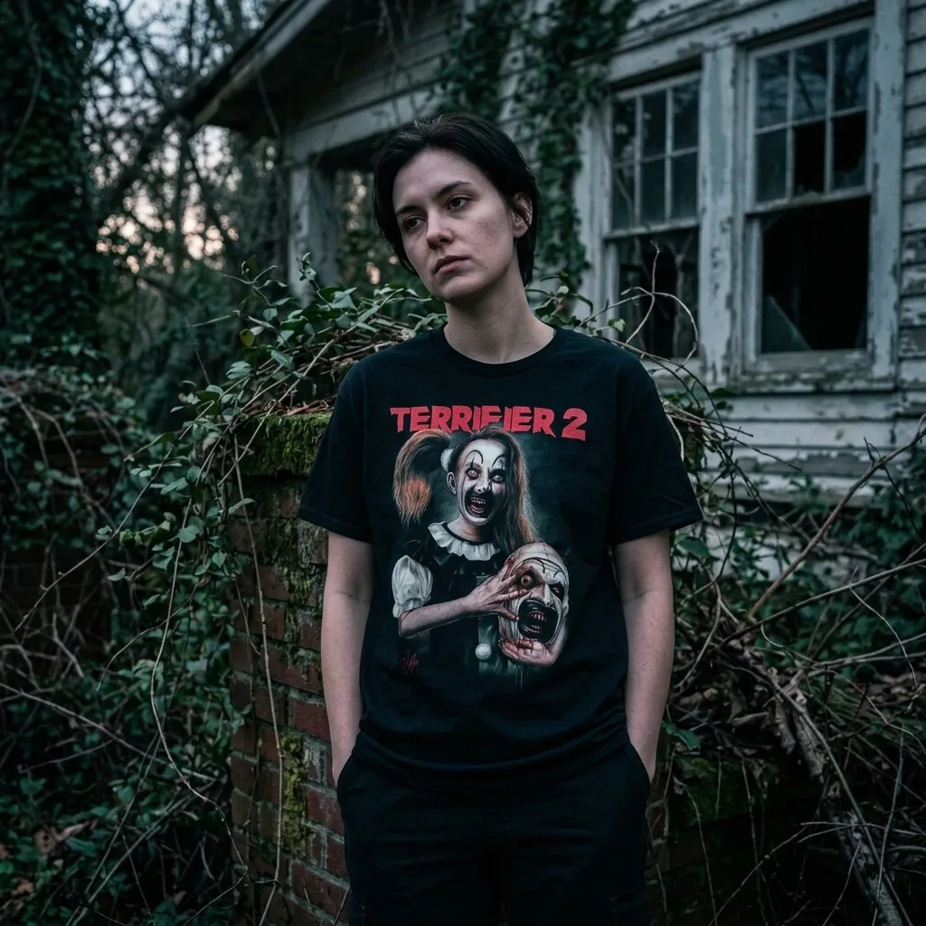 Official Little Pale Girl and Art T-Shirt worn by model front streetwear fit | Terrifier Merch