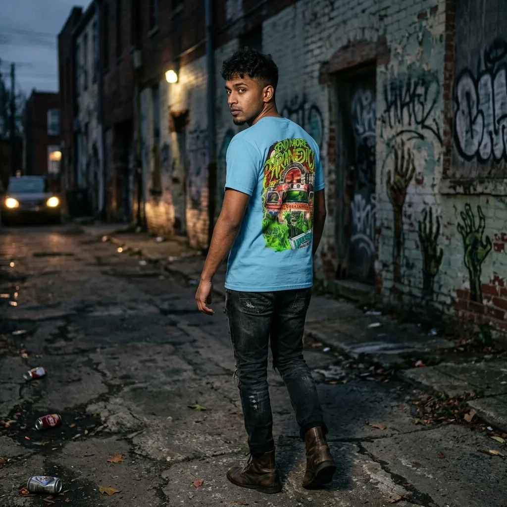 Return Of The Living Dead Send More Paramedics Blue T-Shirt horror lifestyle apparel shot | Terrifier Merch