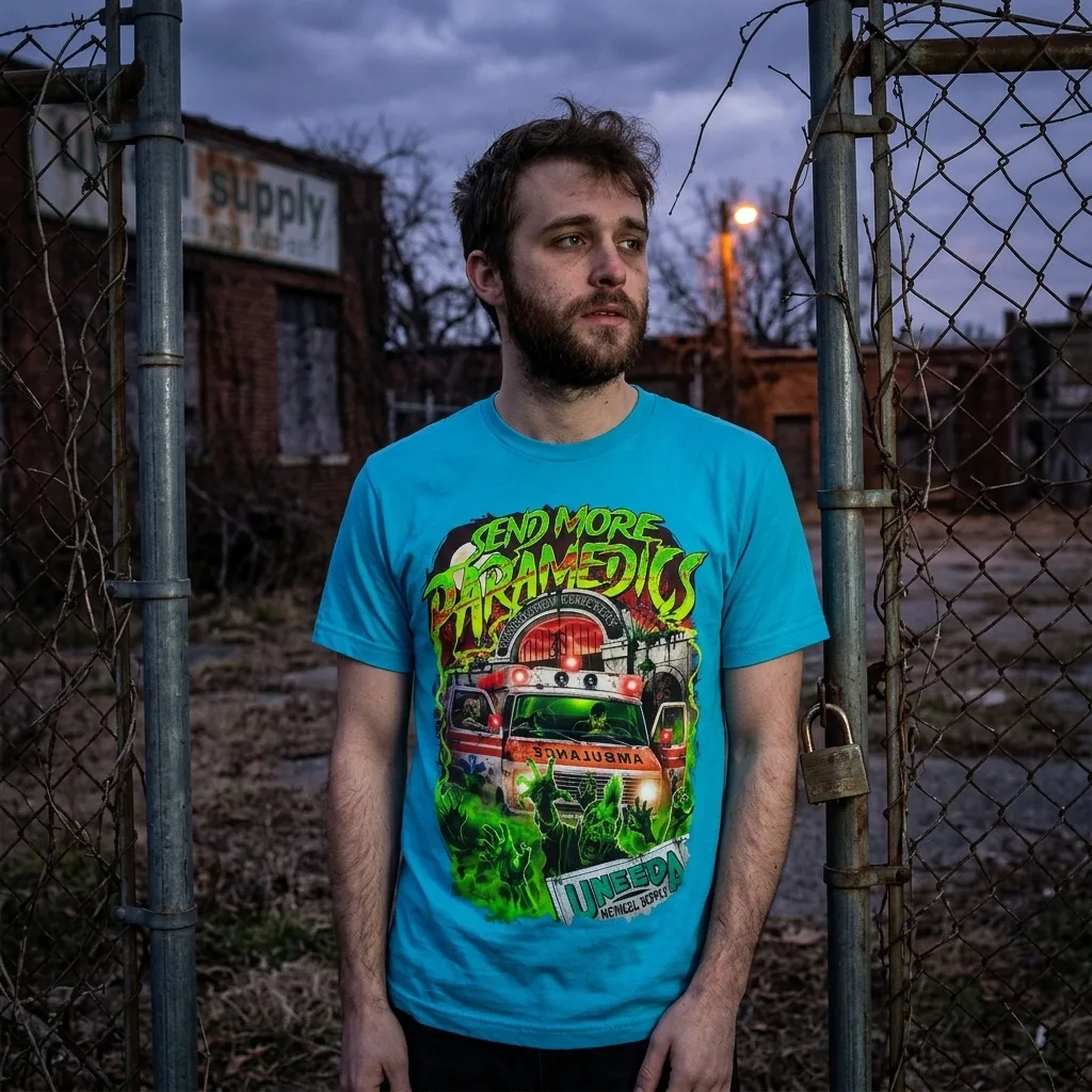 Return Of The Living Dead Send More Paramedics Blue T-Shirt worn by model front streetwear fit | Terrifier Merch