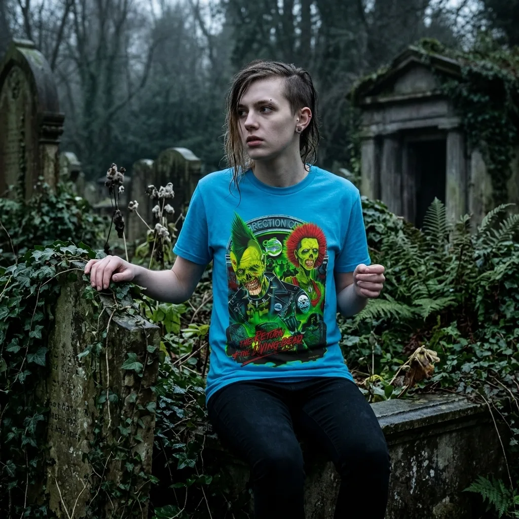 Return Of The Living Dead Rot 'N' Roll T-Shirt worn by model front streetwear fit | Terrifier Merch