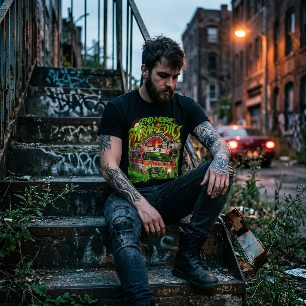 Return Of The Living Dead Send More Paramedics T-Shirt horror lifestyle apparel shot | Terrifier Merch
