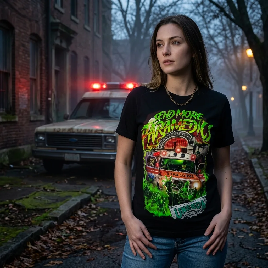 Return Of The Living Dead Send More Paramedics T-Shirt worn by model front streetwear fit | Terrifier Merch