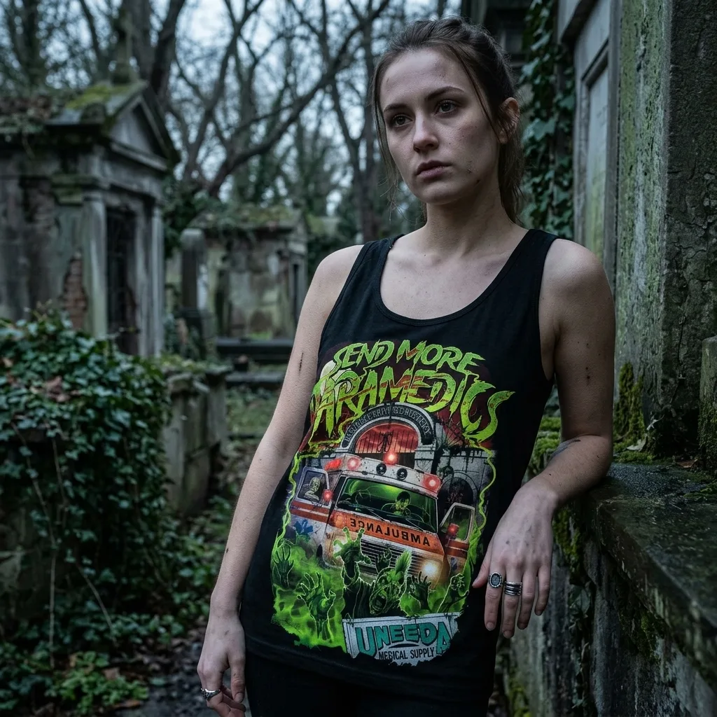 Return Of The Living Send More Paramedics Tank Top worn by model front streetwear fit | Terrifier Merch