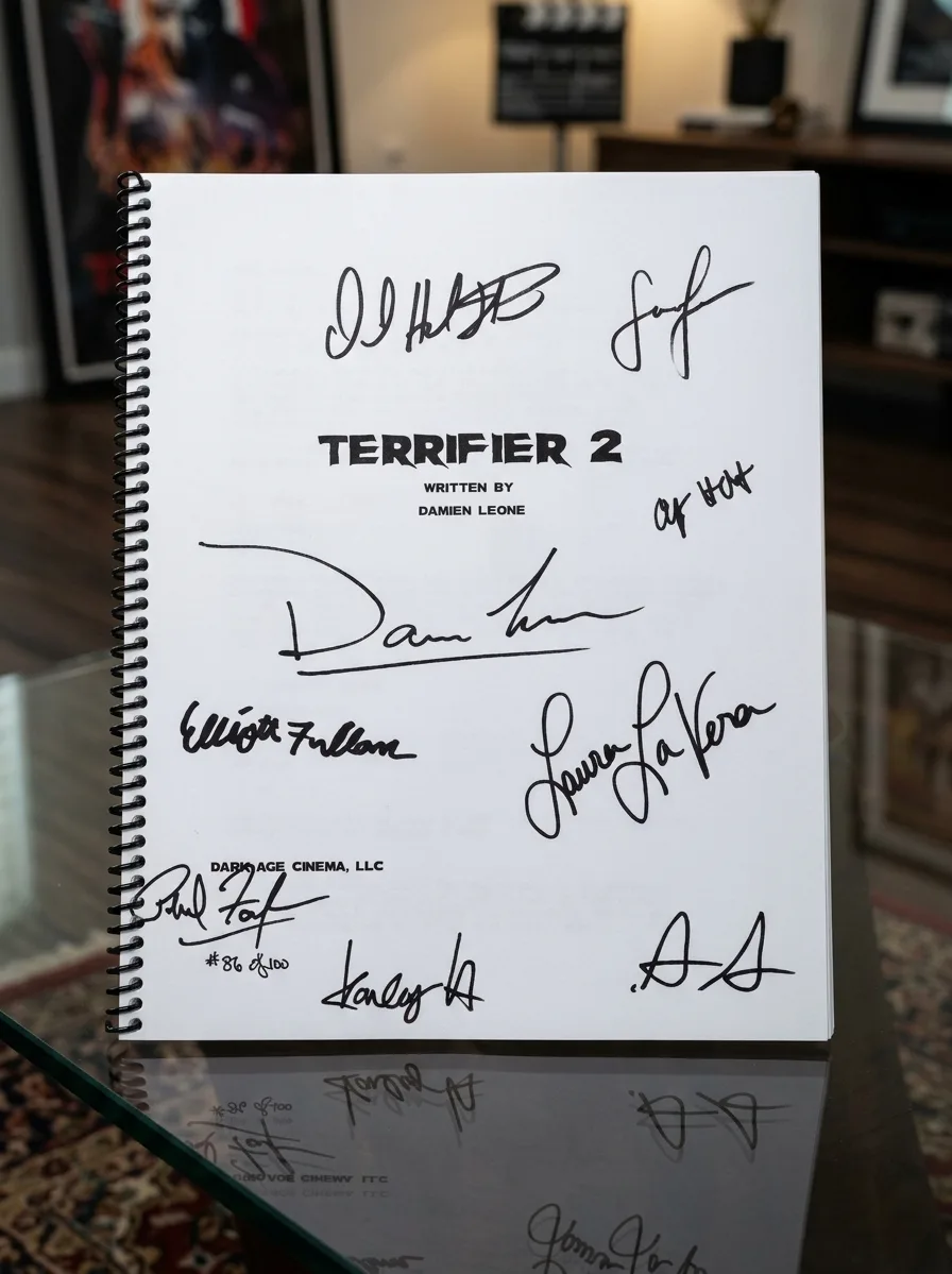 Multi-signed Terrifier 2 script book from Terrifier Merch resting flat on a glass coffee table under cinematic lighting.
