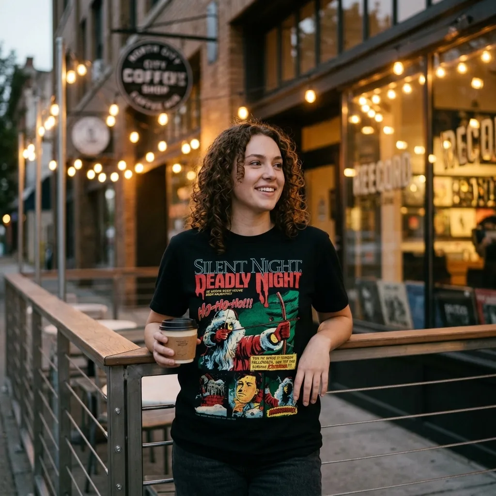 Silent Night Deadly Night Ho, Ho, Ho T-Shirt horror lifestyle apparel shot | Terrifier Merch