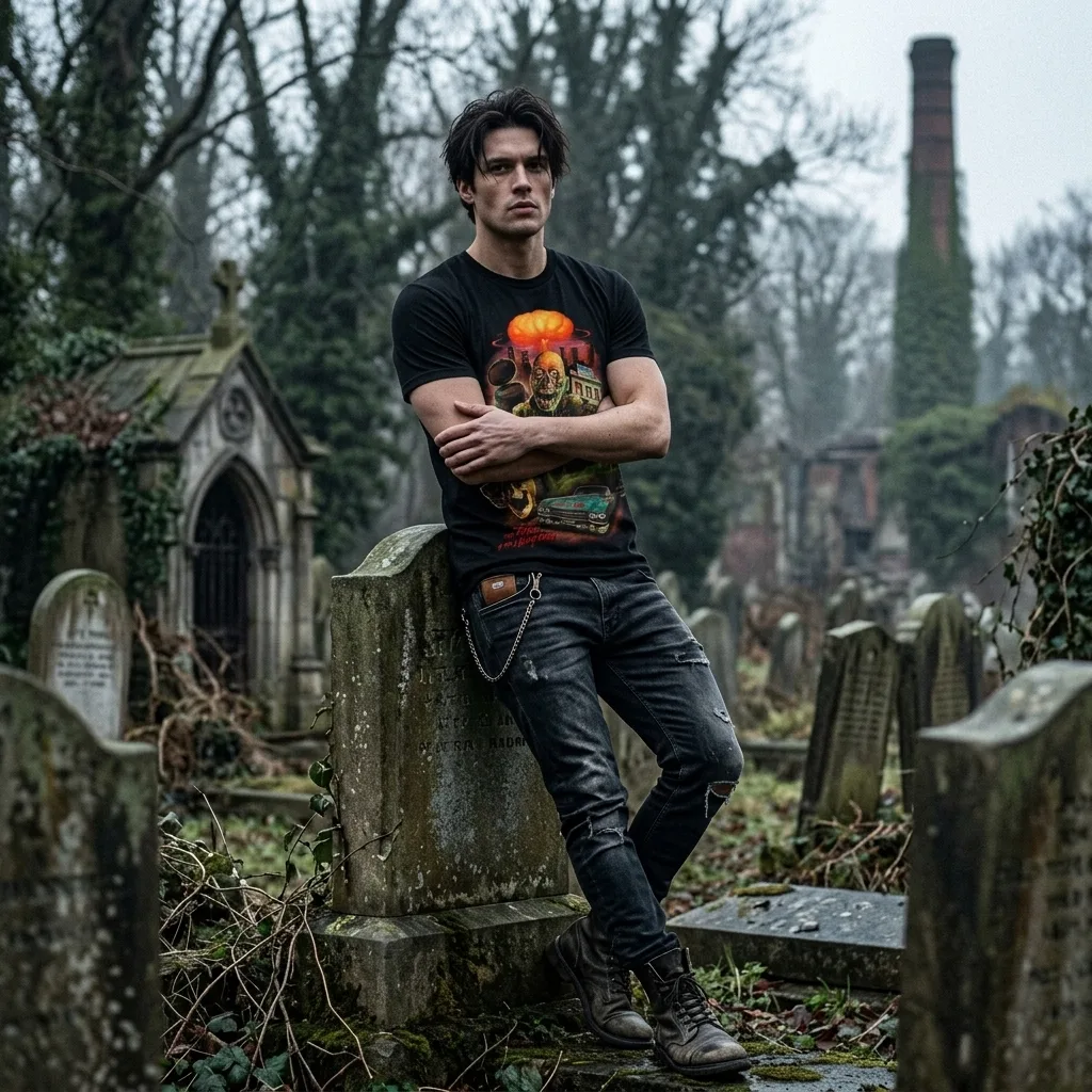 Return Of The Living Dead Total Incineration T-Shirt worn by model front streetwear fit | Terrifier Merch