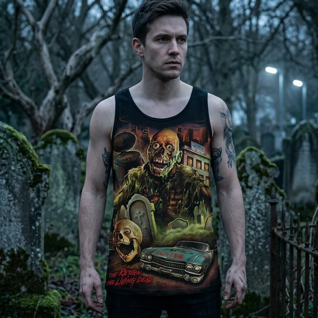 Return Of The Living Total Incineration Tank Top worn by model front streetwear fit | Terrifier Merch